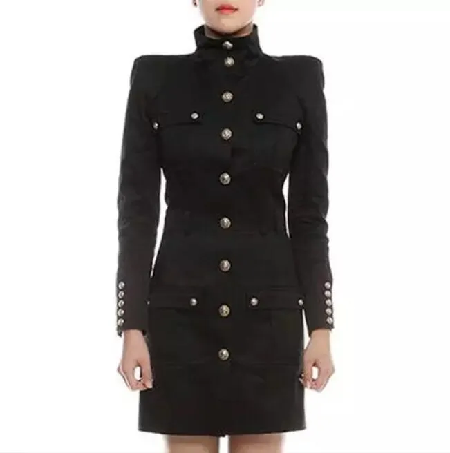 2023クラシック黒と白のハイネックスリムフィットリベットライオンヘッドボタン長袖汎用ドレス女性コート