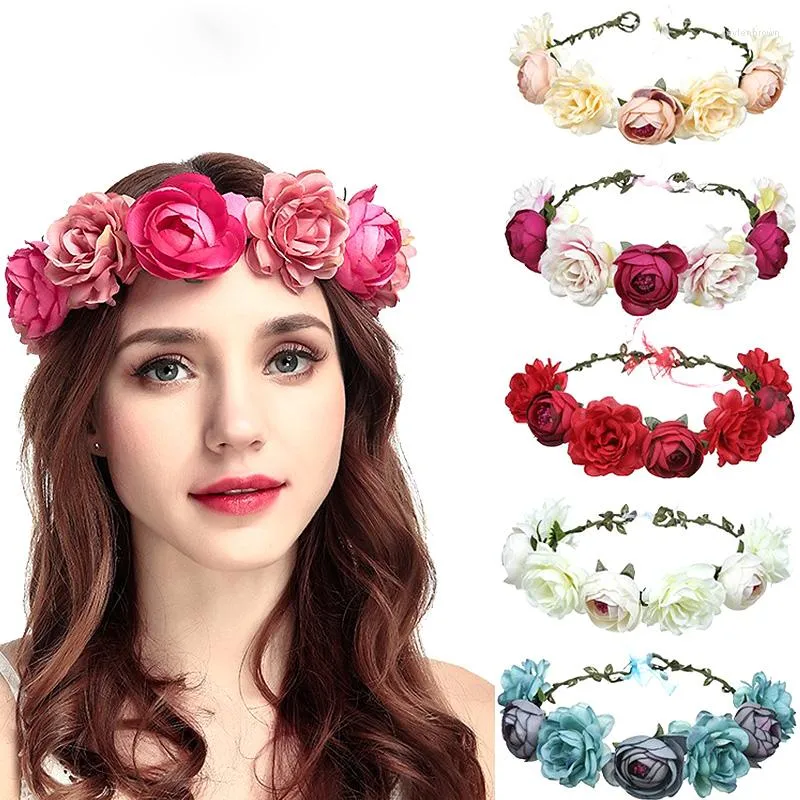 Headpieces 1pc mode bohemia brud kvinnor blommor krona hårband bröllop brud rose krans pannband flickor söta girland tillbehör gåva