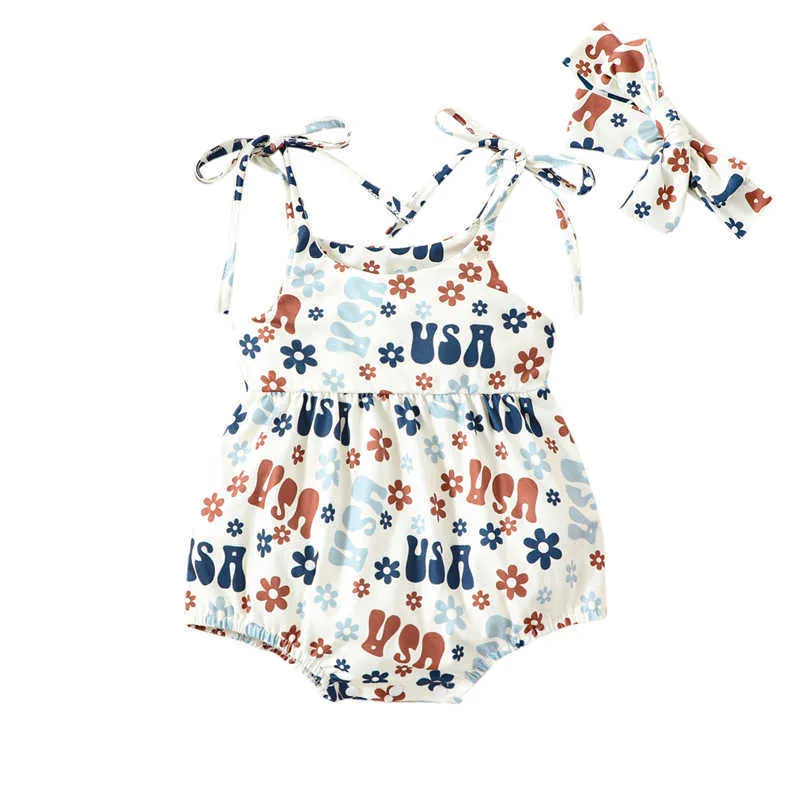 Overalls Independence Day Baby Mädchen Blumenbrief Gedruckt Krawatte Spaghetti Schultergurt Schlinge Overall Sommerkleidung und Stirnband G220606