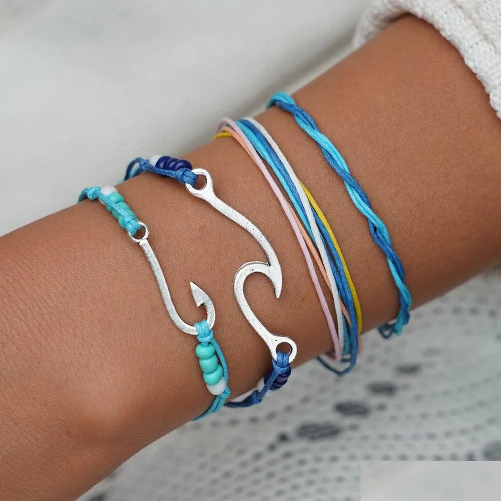 Charm Bracelets Hand Weave Fish Hook Bracelet Adjustable Mtilayer Wrap Women Summer Beach Jewelry Will And Sandy Drop Delivery Dhr7S