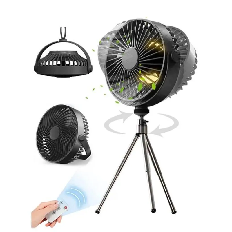 Fans bärbara laddningsbara stativfläkt med LED -ljusdriven fläkt Remote Justerbar höjd 360 ° Rotation Handhållen Mini Fan Tält Travel