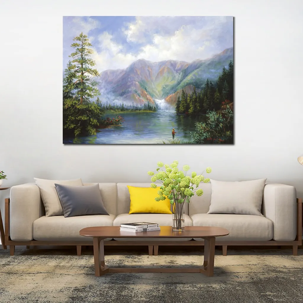 Arte em tela artesanal para decoração de sala de estar Pesca perto das cataratas Pintura moderna Paisagem realista linda