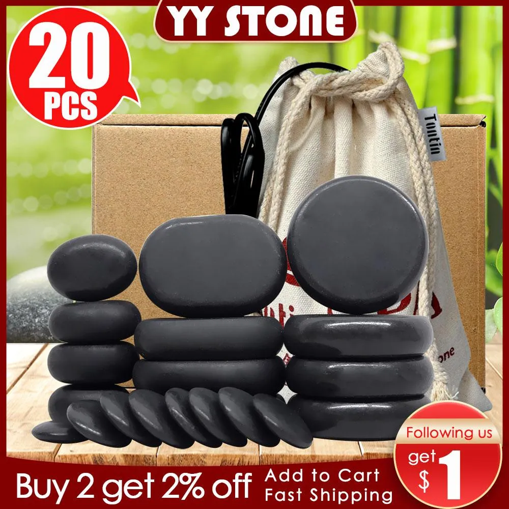 Producten Tontin 20 -stcs/Set Hot Stone Massage Set Verwarming Koner Box verlichten Stress Backpijn Gezondheidszorg Lava Basalt Round Massage Tool Stones