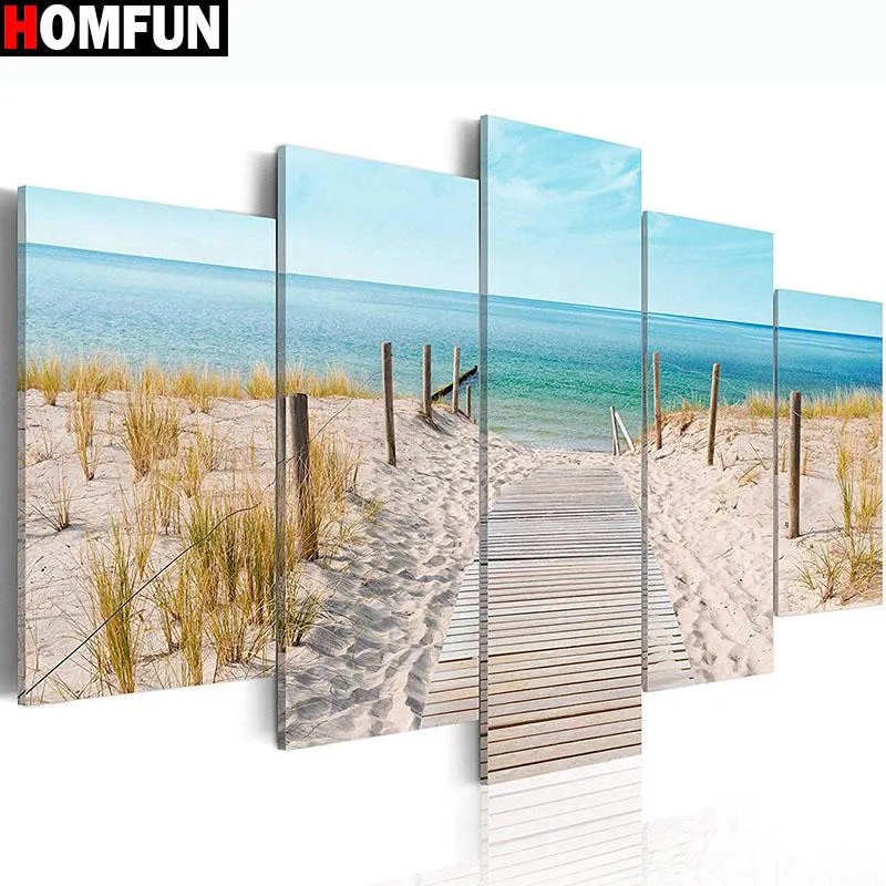 Stitch HOMFUN 5pcs Full Square/Round Drill 5D DIY Diamond Painting "Coastal" Multipicture Combination Embroidery 5D Decor A14793
