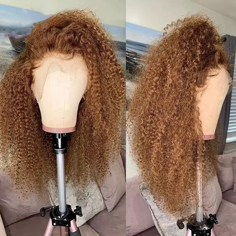 Peruca de cabelo humano encaracolado de cor marrom 180 densidade para mulheres preto/loiro mechas HD peruca frontal de renda Remy 360 peruca sintética frontal de renda completa