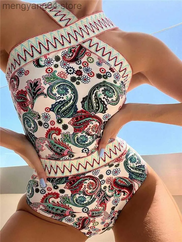 Kvinnors badkläder 2023 Sexig One Piece Bikinis Print Suit Swimwear Bikini Suit Sexiga baddräktband Vintage Swimming For Women Swimsuit B111 T230606