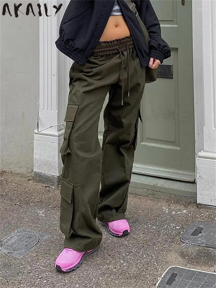 AKAILY Summer Street Style Green High Waist Cargo Pants For Woemn