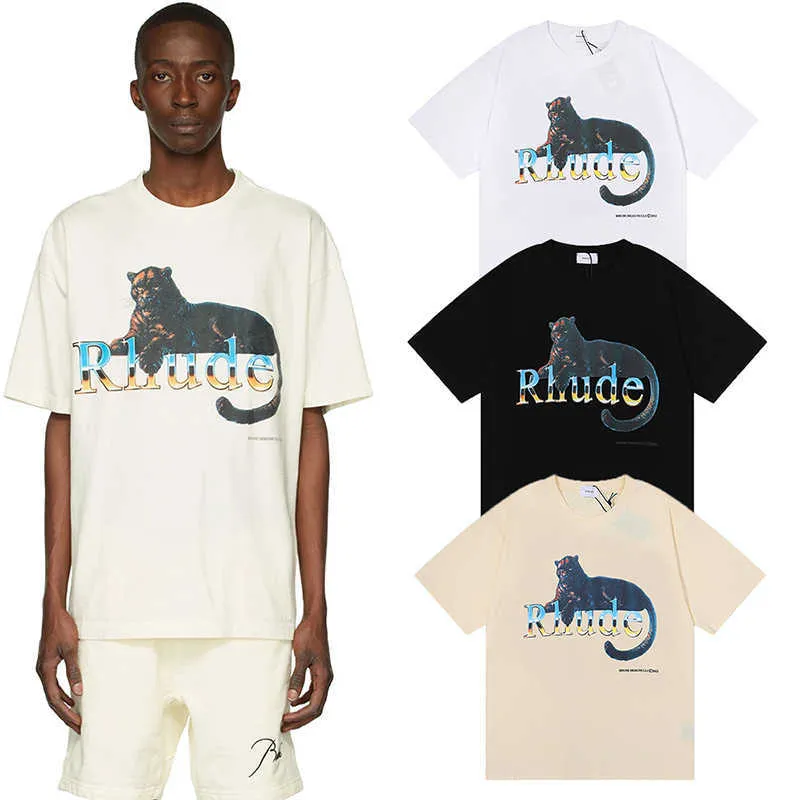 Rhude Leopard Print Tシャツ男性女性高品質100％コットンシャツ夏のトップ