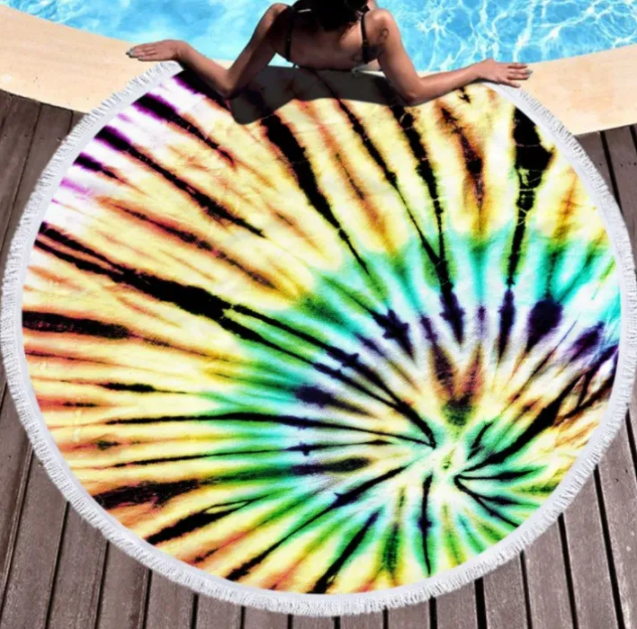 The latest 150CM round printed beach towel, tie-dye light style, microfiber, tassels, soft touch, support custom LOGO