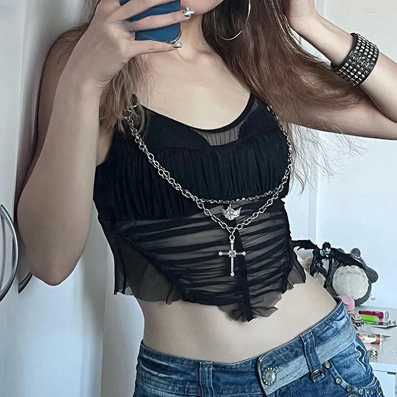 Kvinnors tankar Y2K Black Chain Crop Top Folds V Neck Se genom Mini Vest Women Rygglös punk Grunge Gothic Sweats Korean Camis