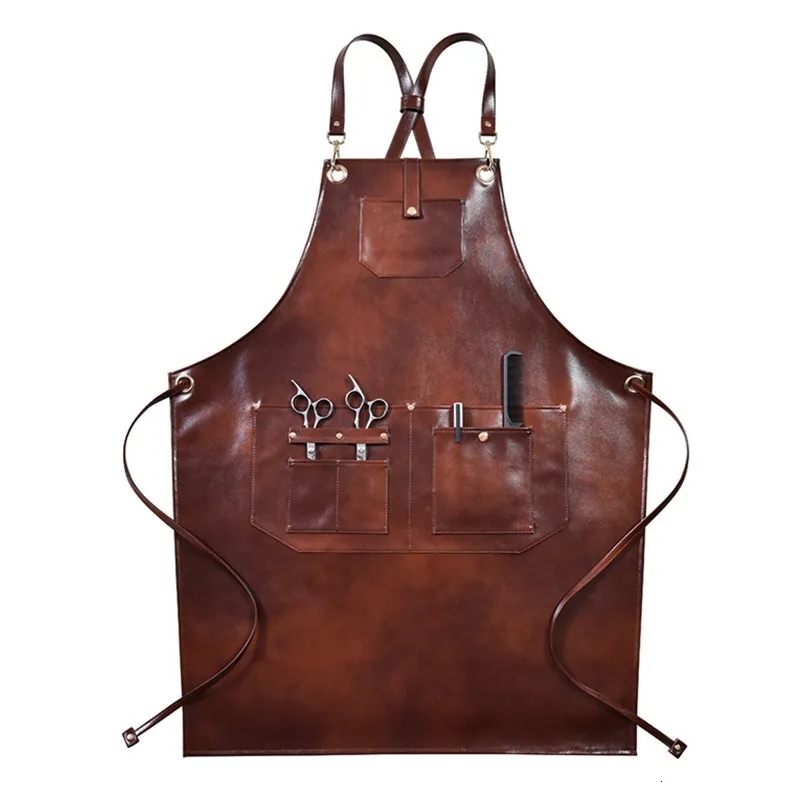 Tabliers Tablier en cuir PU Crossback Strap Barista Barman Chef Uniforme Café Bistro BBQ Grill Fleuriste Barber Salon Carpenter Barbershop 230605