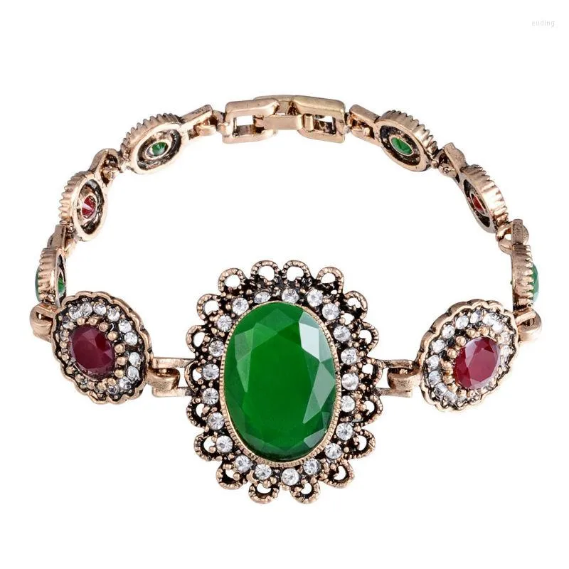 Charme Armbänder Mode Vintage Gold-Farbe Armband Türkischen Schmuck Großen Grünen Oval Stein Kristall Femme Großhandel