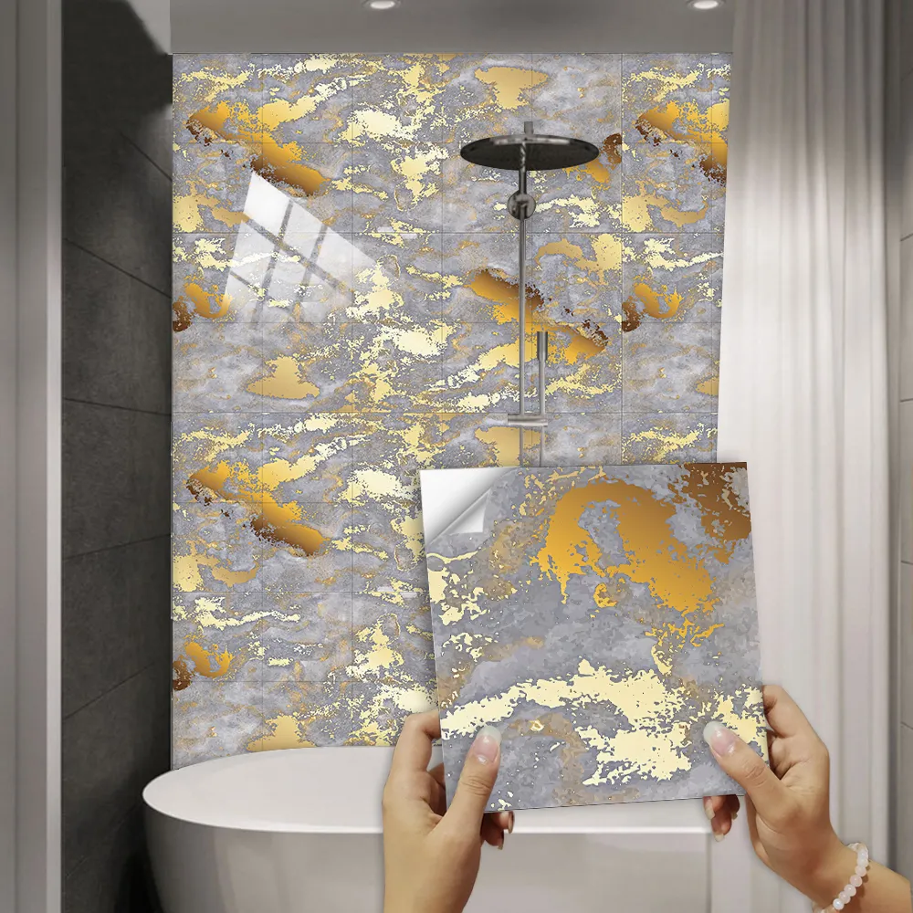 10 pièces Style américain doré marbre motif carreaux autocollant cuisine dosseret résistant à l'huile placard étanche Art stickers muraux