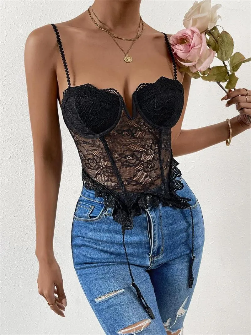 Women's Tanks Wsevypo Black Lace Floral Sheer Corsets Women Sexy Spaghetti Strap Low Cut Ruffle Trim Bustiers Crop Tops See-Through Camis