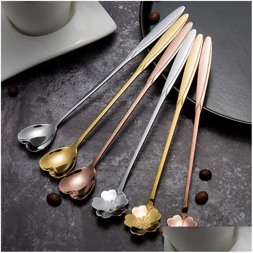 Spoons Stainless Steel Flower Heart Long Handle Cocktail Stirring Spoon Ice Cream Coffee Home Bar Flatware Tools Drop Ship Delivery Dhiwb