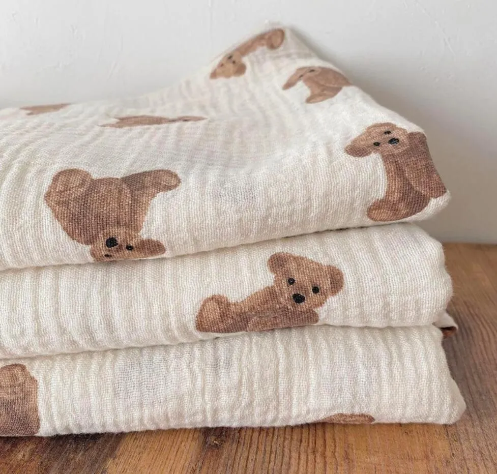 Bear Print Baby Blankets Newborn Muslin Cotton Gauze Swaddle Wrap Bedding Infant Girls Boys Sleeping Blanket Babies Accessories 2 Layer