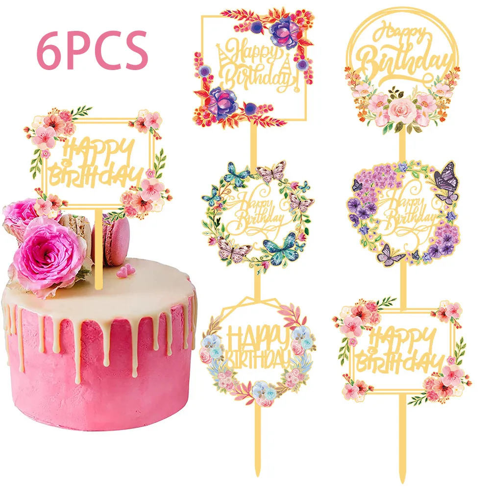 Inne imprezy imprezowe zapasy 6pcs Flowers Cake Topper Happy Birthday Decor Acryl Rose Cake Toppers Baby Shower Cake Urodzin