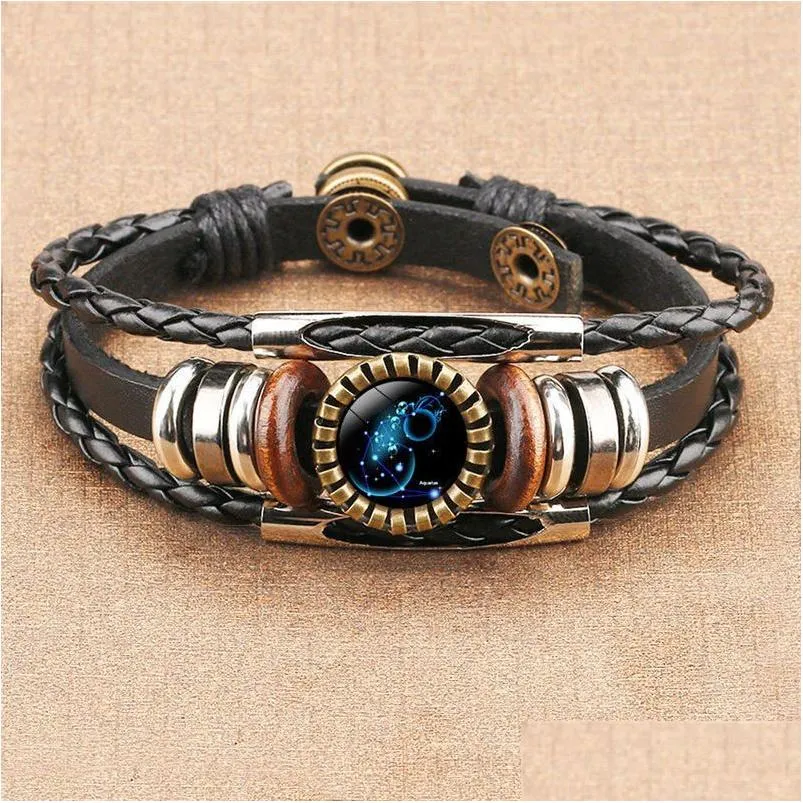 Charm Bilezikler 12 İmza Burç Cam Cabochon Bilezik Mtilayer Wrap Bilek Bankası Kadın Moda Takı Hediyesi Will ve Sandy Dro DHWJC