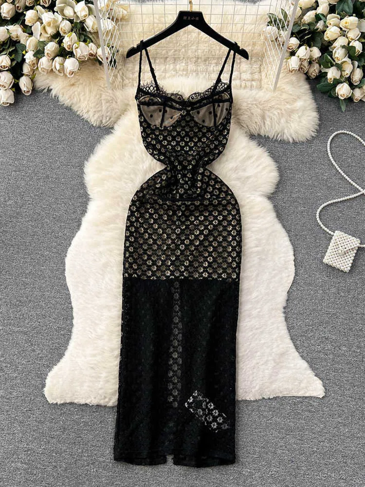 Casual Dresses Ins Fashion Lace Bodycon Party 2023 New Summer Sexy Black Strap Long Women's Dress P230606