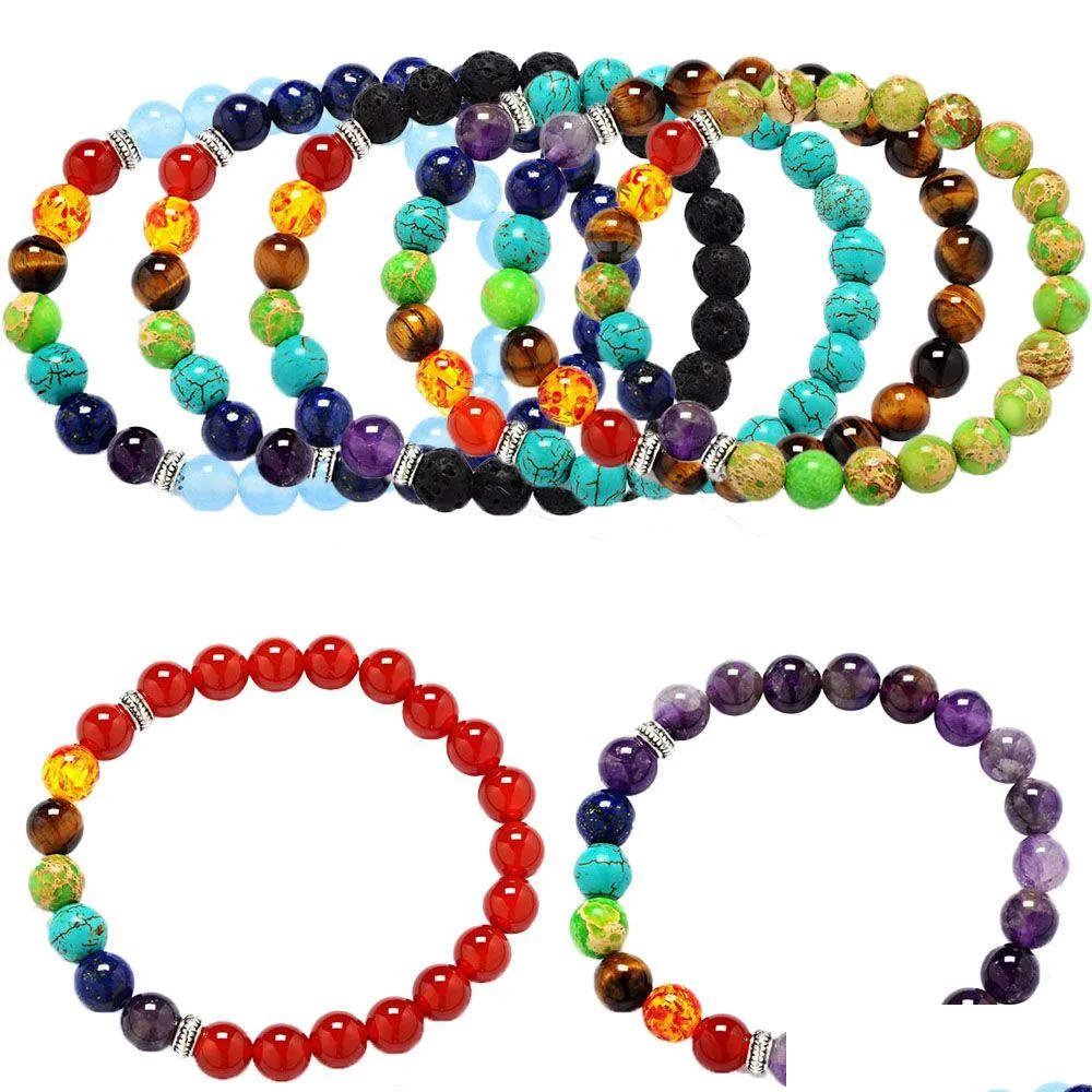 Perline di filo di pietre preziose Perline rotonde Pietra naturale Stretch Yoga Reiki Braccialetti Ametista Turchese Bracciale 7 Chakra Gioielli di moda D Dhmta