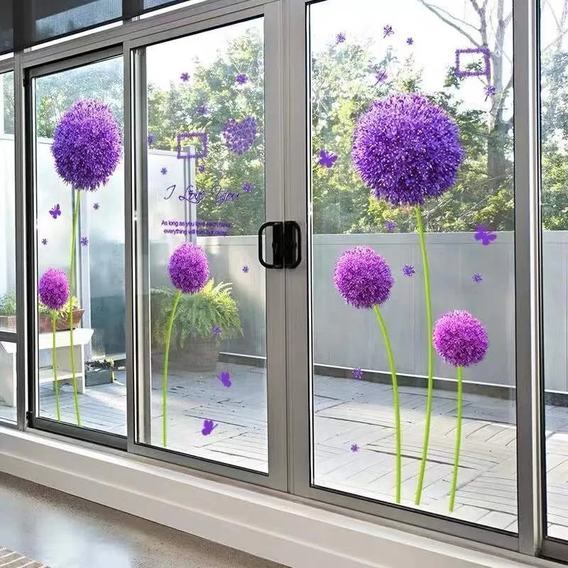 Purple Dandelion Plant Wall Decals PVC Self-adhesive Wall Stickers Modern Window Sticker Living Room Bedroom Glass Decoration