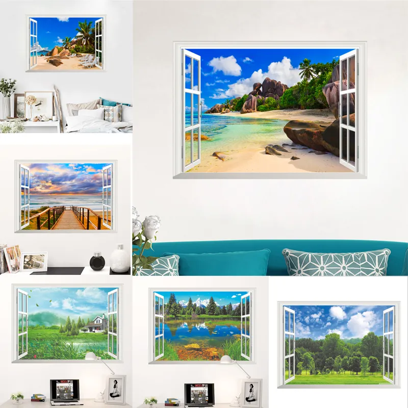3d vivid window forest lake beach wall stickers decals bedroom living room decorations sticker mural hot poster home decor decal