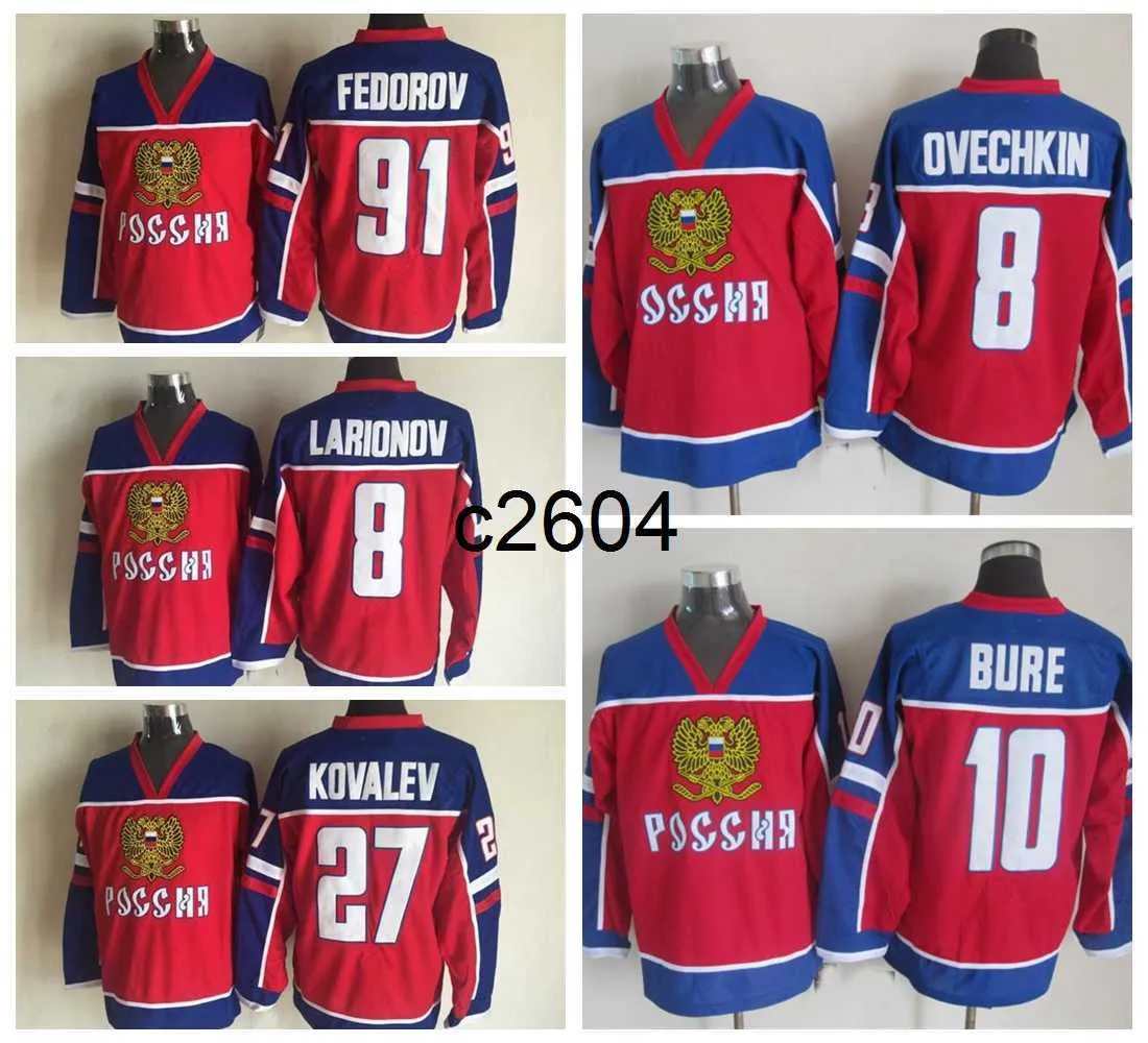 C2604 2002 Team Ryssland Hockey Jerseys 8 Alexander Ovechkin 10 Pavel Bure 91 Sergei Fedorov 27 Alex Kovalev 8 Igor Larionov Jersey Red Home Mens Mens