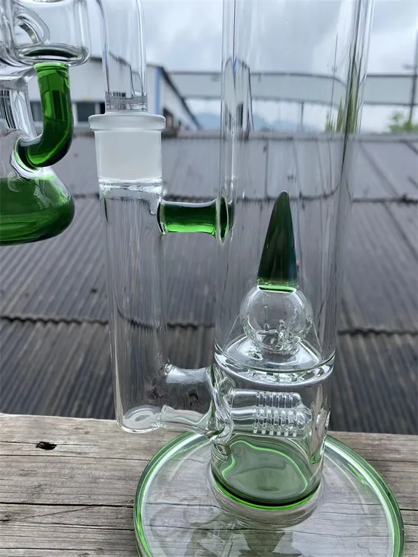 hookah smoking glass pipes bong grass green straight bent neck 16inch 18mm joint 2 inline percs to horn grid cap , with the same colored ash catcher and horn bowl
