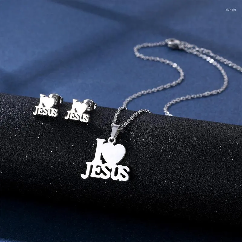 Pendant Necklaces I Love Jesus Earrings & Necklace Set For Women Two Piece Studs Stainless Steel Heart Of In Silver Color Jewelry Sets