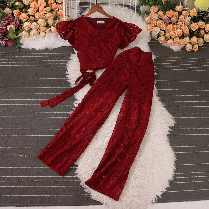 Summer Hollow Two Piece Pants Set Out For Women With Ruffle Lace  