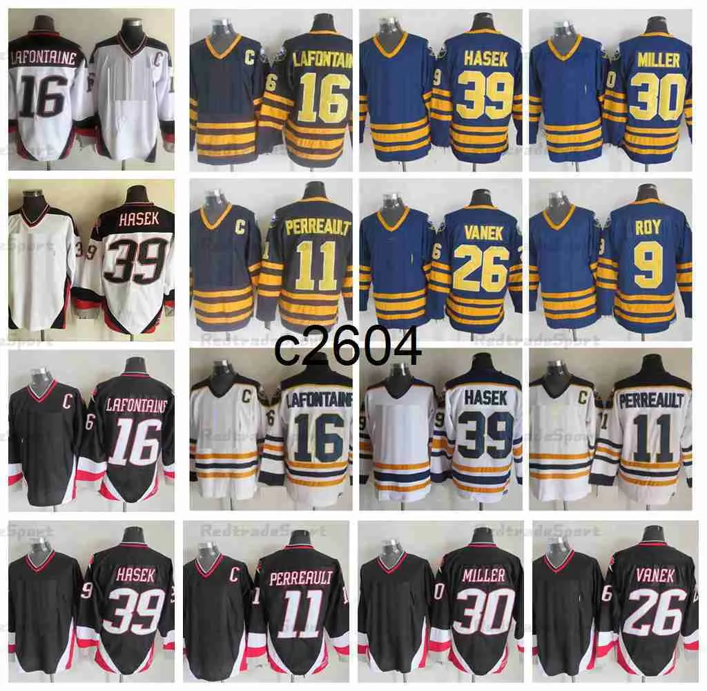 C2604 Vintage Mens 16 Pat Lafontaine 11 Gilbert Perreault Hockey Jerseys 39 Dominic Hasek 26 Thomas Vanek 9 Derek Roy 30 Ryan Miller Retro Black White Navy Blue Dark Jer