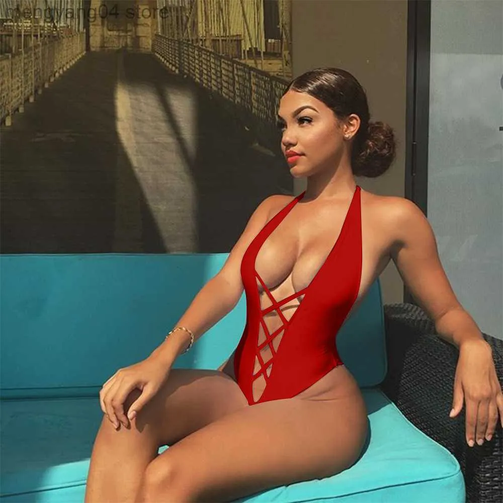 Roupa de banho feminina 2020 maiô vermelho sexy de uma peça malha feminina brasileira oca bandagem roupa de banho feminina praia maiô monokini t230606