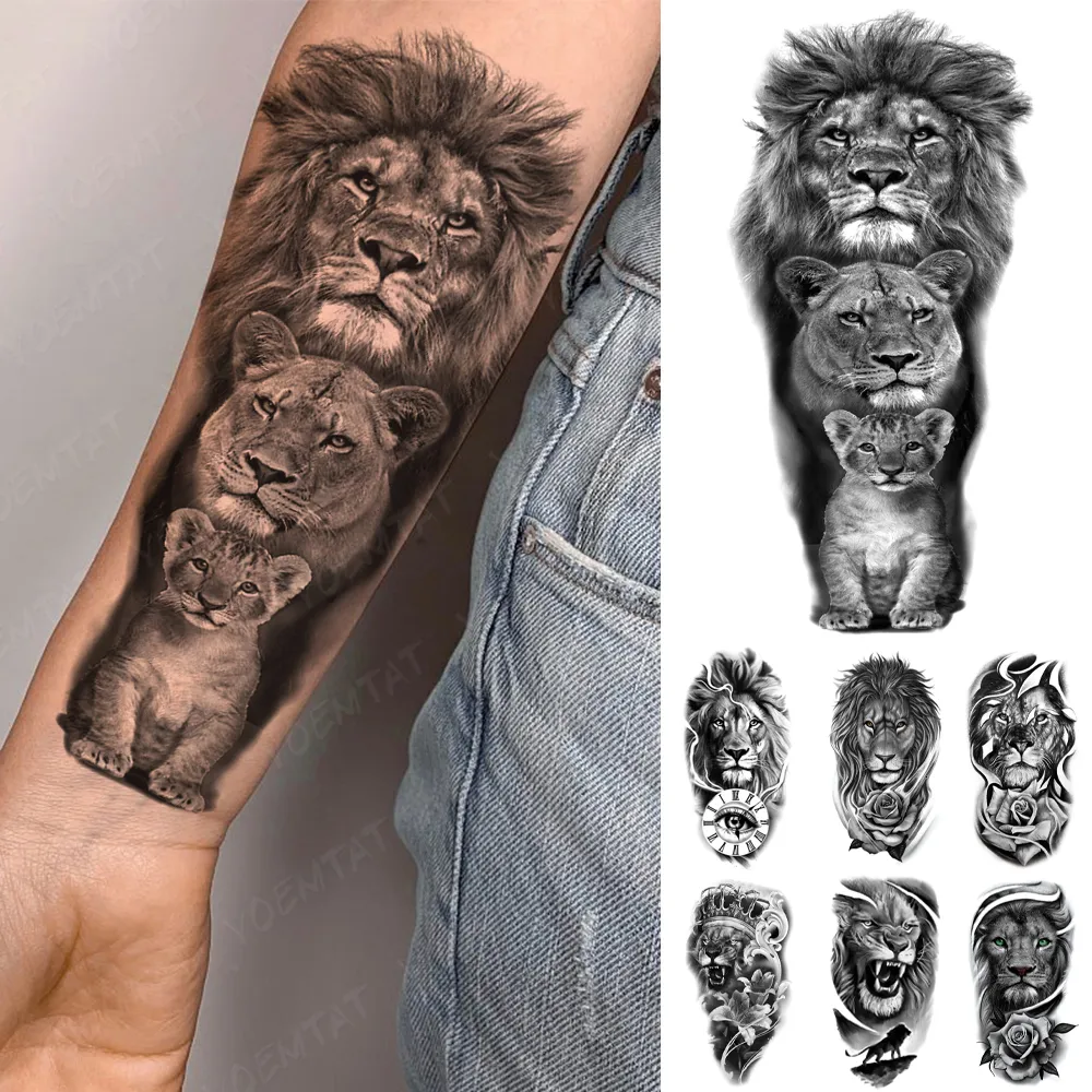 Geçici Dövmeler Su Geçirmez Dövme Sticker Lion Family Flash Dövme Tiger Wolf Moon Taç Çiçek Vücut Sanat Kolu Sahte Tatoo Erkekler Kadınlar 230606