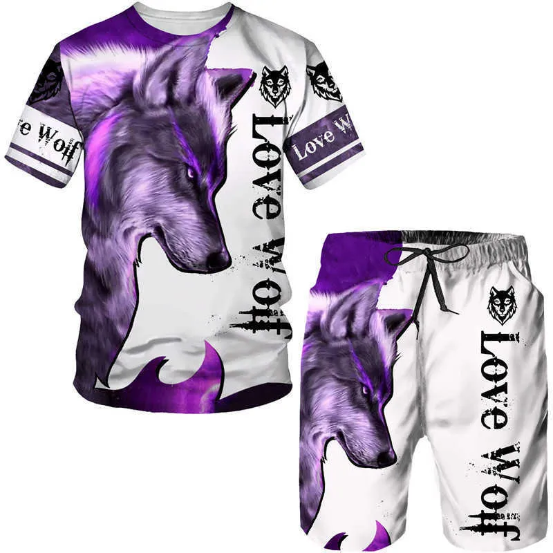 Trainingspakken Zomer Mannen Animal Tattoo Wit T-shirt/Set Cool Wolf 3D Print 2 Stuk Hip Hop Casual korte Mouw Paar Set P230605
