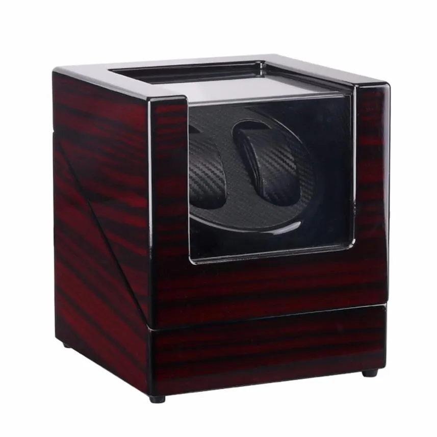 Bois Laque Piano Brillant Noir Fibre De Carbone Double Remontoir Boîte Moteur Silencieux Stockage Vitrine US PLUG Montre Shaker CX200263I