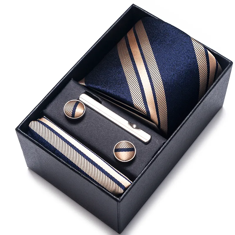 Neckband 100% silkemärke slips handduk mufflänk set för män slips semester presentlåda blå guld kostym tillbehör smala bröllop gravator 230605