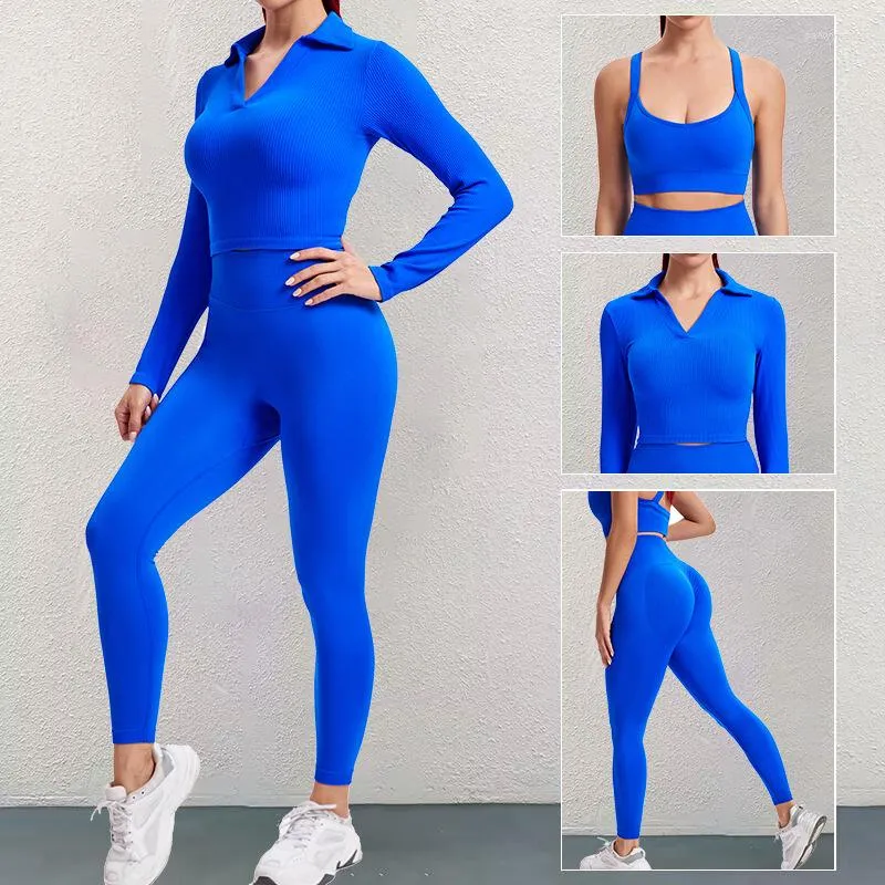 Set attivi Tuta da yoga sportiva da donna Set da 3 pezzi Abbigliamento da palestra Tuta da corsa Top a maniche lunghe Reggiseno incrociato Pantaloni a vita alta Completo da allenamento