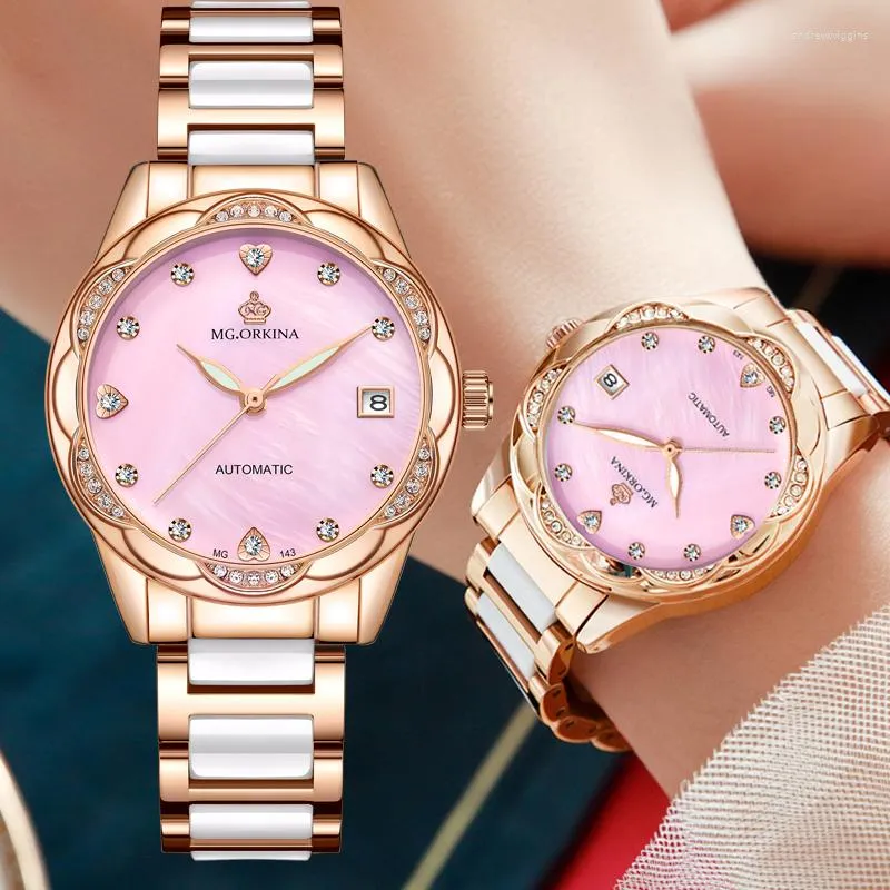 Montres-bracelets De Luxe Genève Marque Femmes Or Rose En Acier Inoxydable Montres Mécaniques Cristal Casual Poignet Strass Relogio Feminino