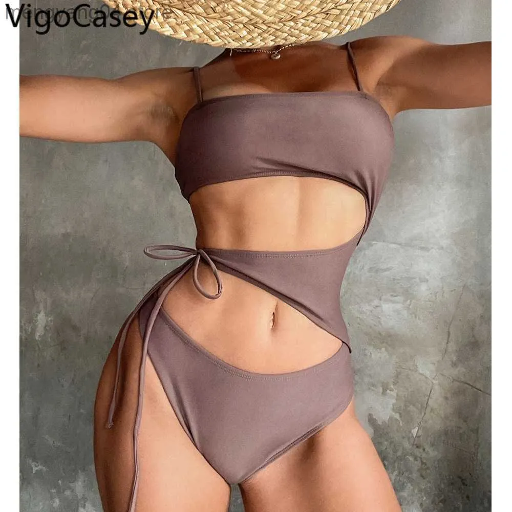 Maillots de bain pour femmes VigoCasey 2023 Brown Strapped Maillots de bain Femmes Sexy Hollow Push UP One Piece Maillot de bain Monokini Backless Summer Beach Maillot de bain T230606