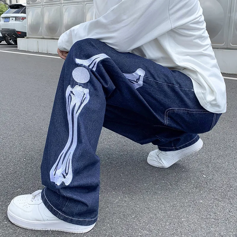 Mens Jeans Straight Jean Pants Man Skeleton Embroidery Mopping Trousers Streetwear Denim Clothing for Men Baggy 230606