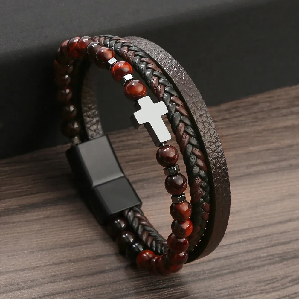 Klasyczny design wielowarstwowy skórzany bransoletka Hematyt Bracelet Bracelets Biżuteria dla mężczyzn