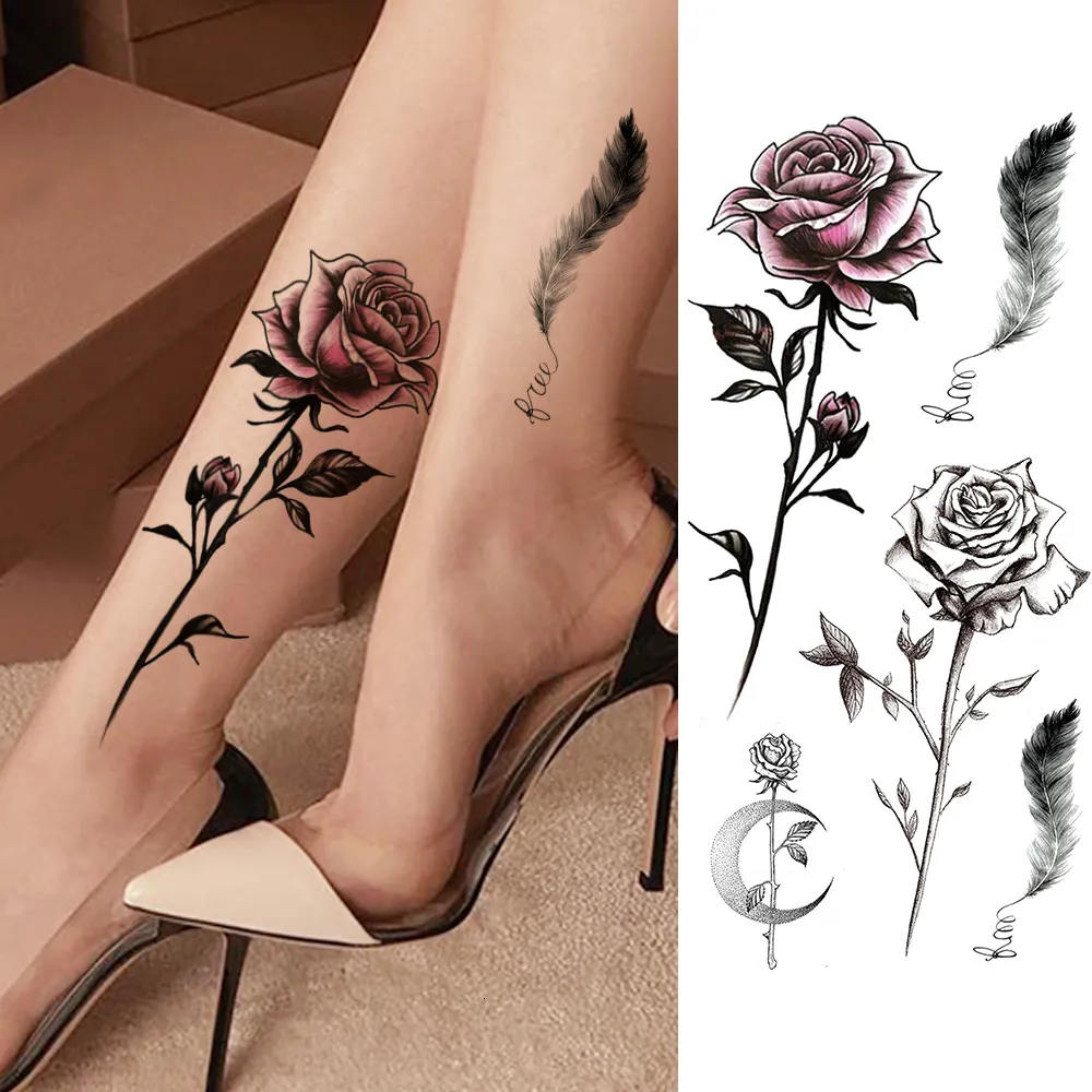 Tillfälliga tatueringar kvinnor mode blommor klistermärke falska rose fjäder tatoos dekal vattentät kroppskonst ben arm tatoos för kvinnor 230606