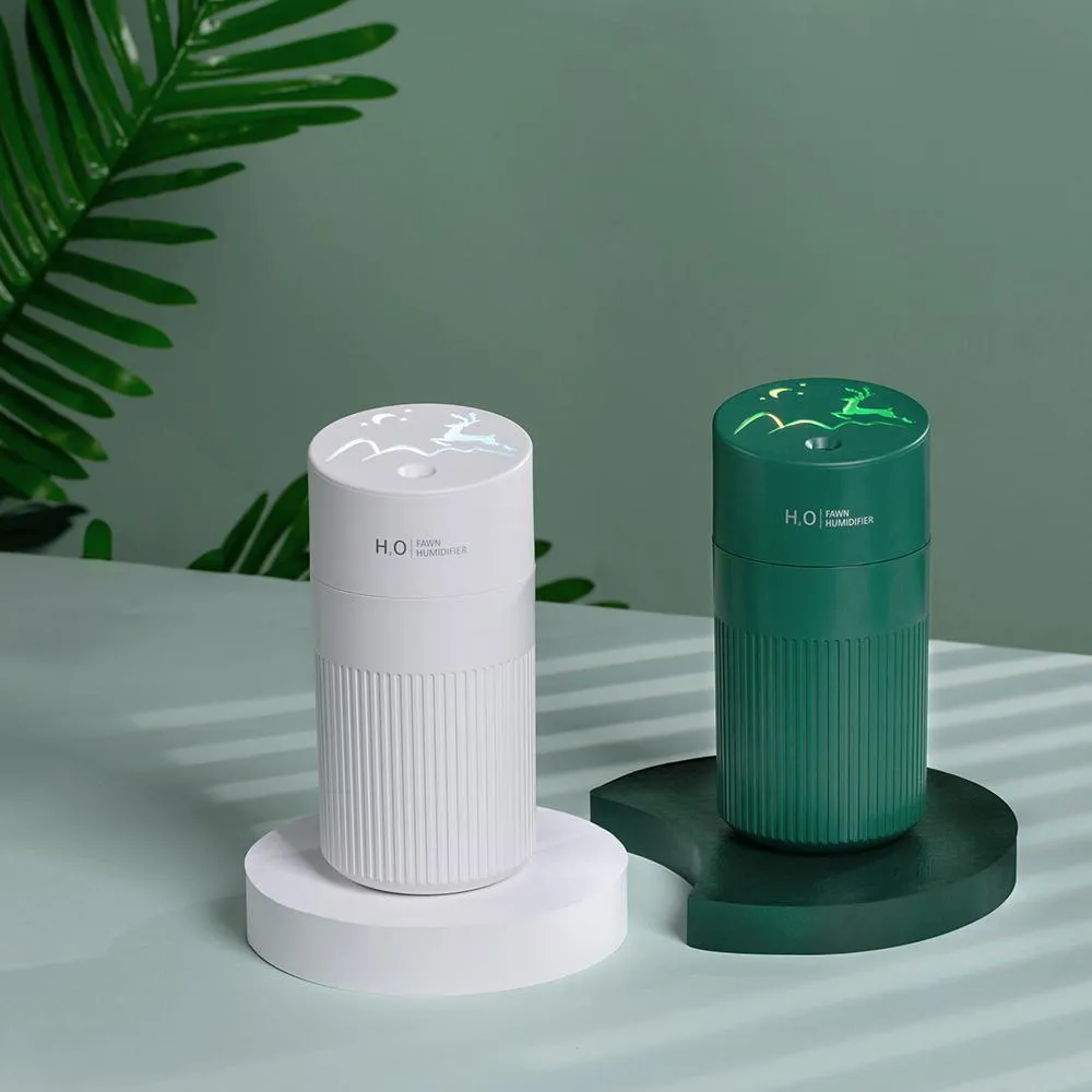 Apparater vit fawn bärbar luftfuktare 420 ml stor kapacitet aromaterapi diffusor bil dimma maker USB -driven batterifuktare lampa