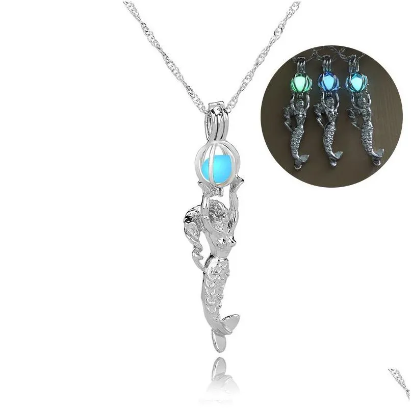 Pendant Necklaces Glow In The Dark Mermaid Necklace Fluorescent Light Locket Chain For Women Fashion Jewelry Will And Sandy Gift Dro Dhnxy