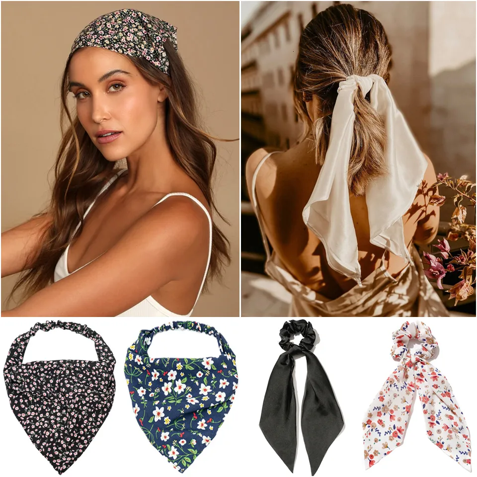 Аксессуары для волос головного убора шифоновый печать цветочный шарф бандана для женщин для женщин винтажная длинная лента Scrunchie Beach Bandanas 230605