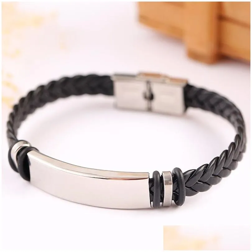 Charm Bracelets Stainless Steel Tag Braid Bracelet Weave Leather Wristband Bangle Cuff Fashion Jewelry 320305 Drop Delivery Dhe5K