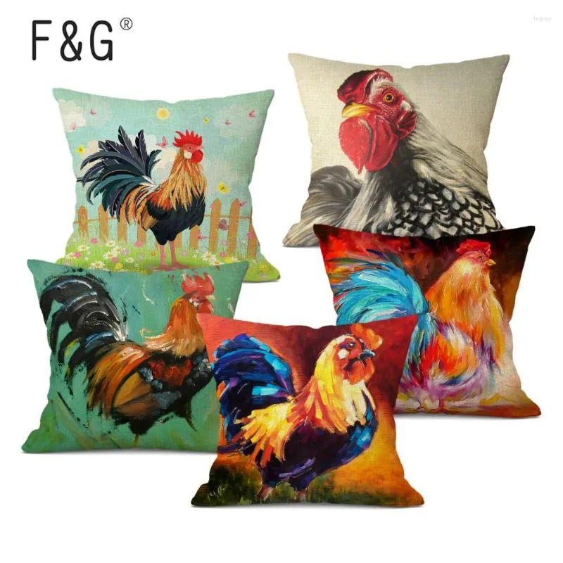 Funda de almohada colorida con pintura al óleo, funda decorativa de gallo, funda decorativa de lino para sofá de coche, funda de almohada de 45x45CM