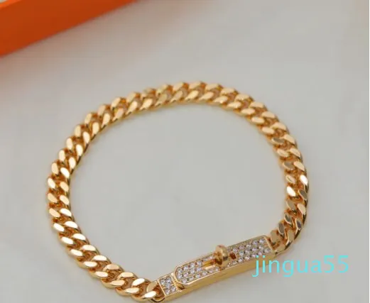 bracelet with full diamond lock and pig nose bracelet plated with 18K gold Cuban chain couple bracelet