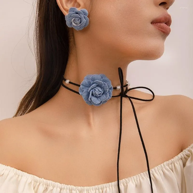 Choker Flower Lace-up Necklace With Earrings Denim Camellia-Bead Clavicle Chain Dropship