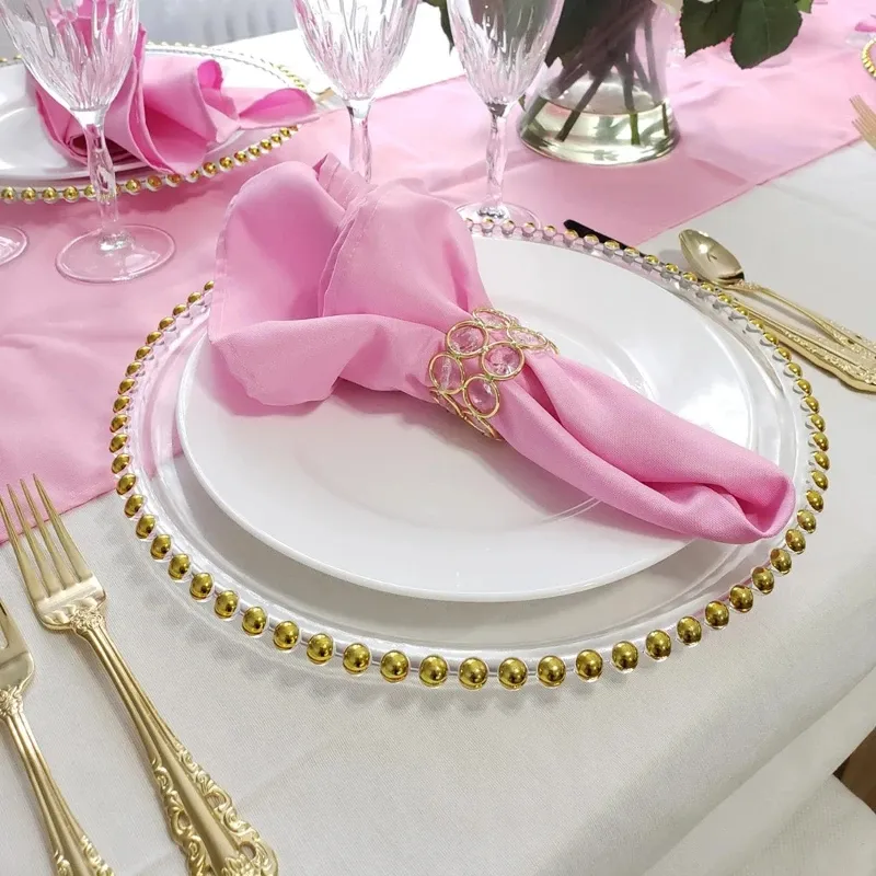 Klara plastladdare plattor med guldpärlor Rim Akryl Dekorativ servicplatta Middag som serverar Wedding Party Decor